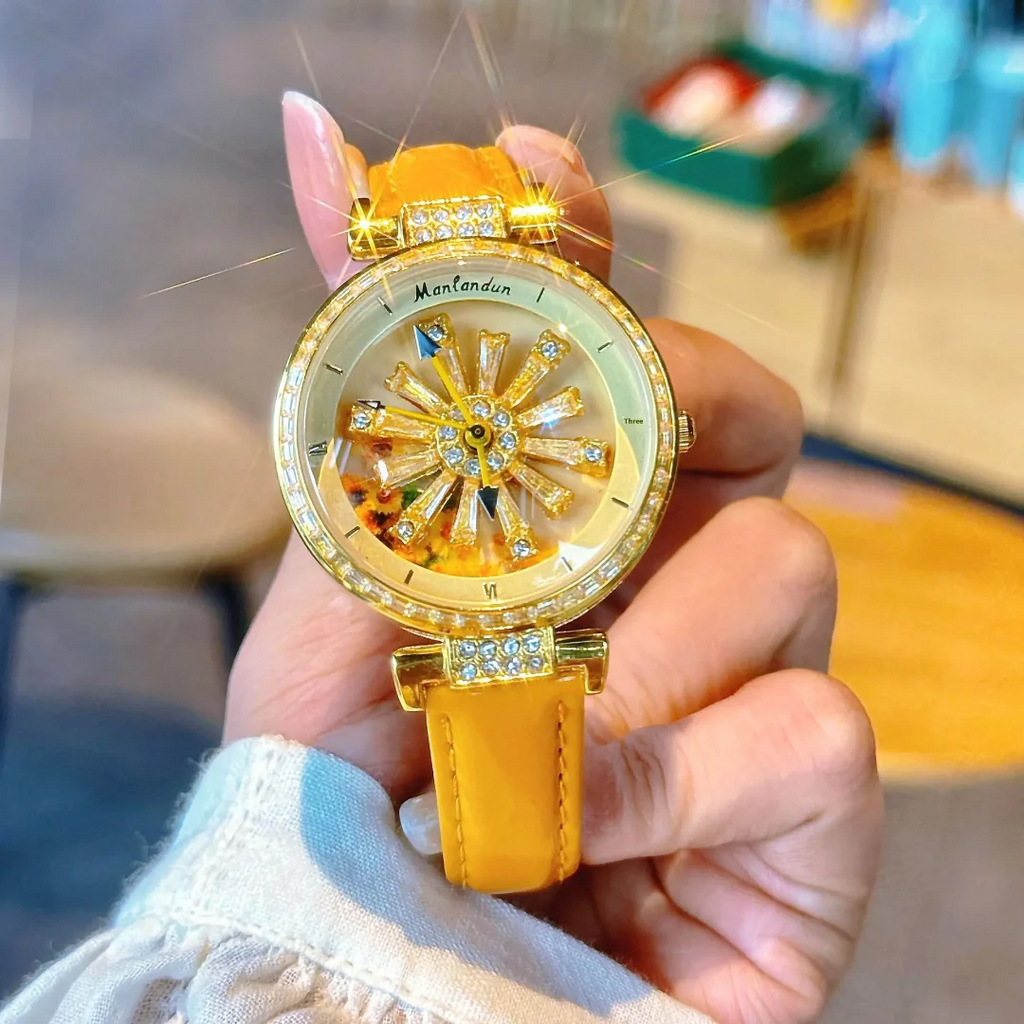 Golden Sunflower Rotating Dial Luxury Women Watch