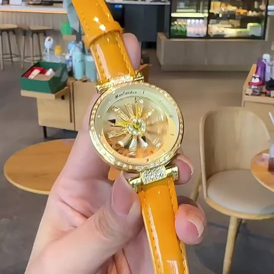 Golden Sunflower Rotating Dial Luxury Women Watch