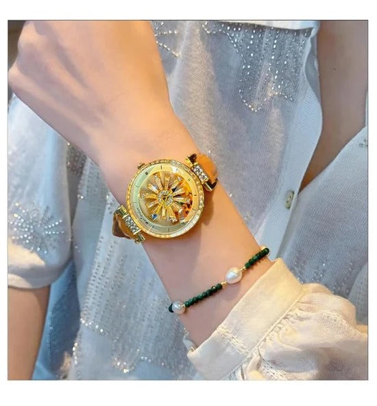 Golden Sunflower Rotating Dial Luxury Women Watch