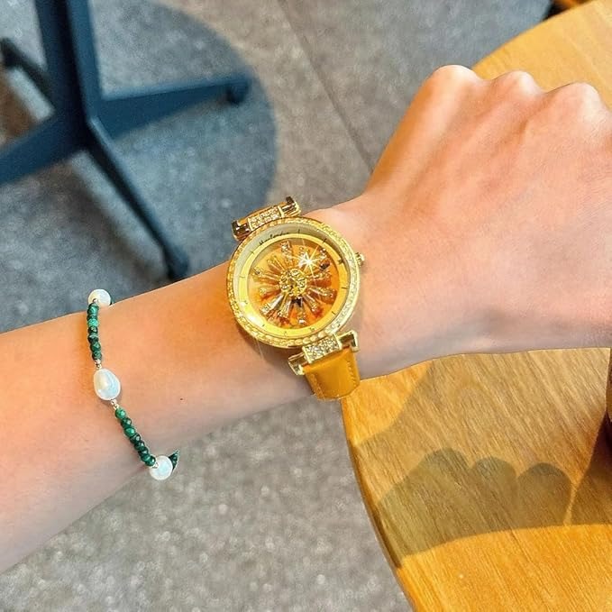 Golden Sunflower Rotating Dial Luxury Women Watch